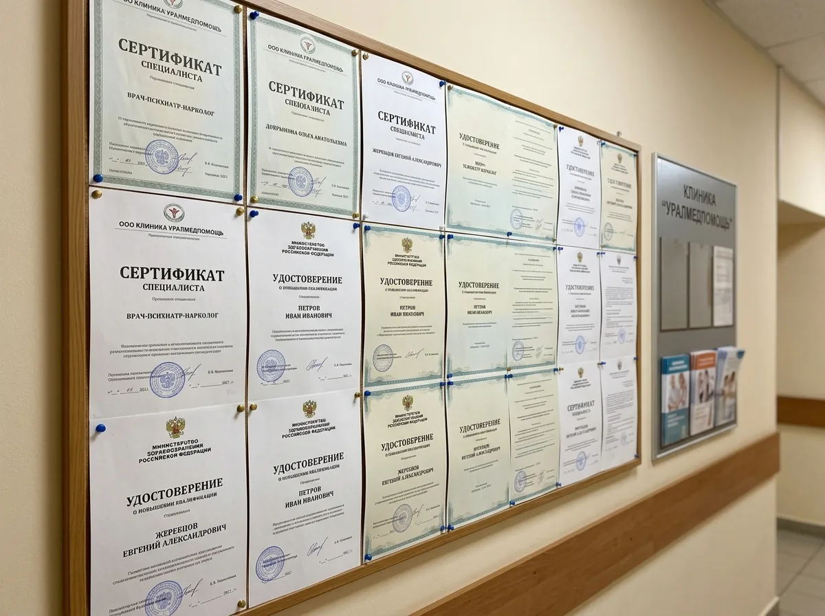 Сертификаты специалистов врачей-наркологов клиники УралМедПомощь, документы о повышении квалификации психиатров-наркологов